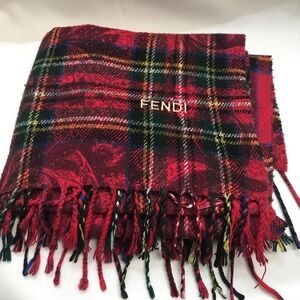 Fendi Monogram Red Plaid Blanket Scarf Fringe 70"×19"